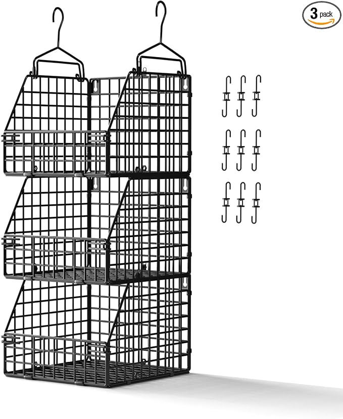 PUPPYCUTE Larger & Deeper Hanging Storage Basket, Closet Organizers and Storage, Hanging Shelves Wire Baskets for Clothing Sweaters Purse Handbags Shoes Black 3 Tier