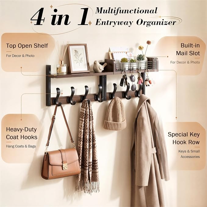 Delamu 29" Large Coat Rack Wall Mount with Shelf, 4 in 1 Shelf with 11 Hooks, Wooden Key and Mail Holder for Wall for Entryway, Living Room and Bedroom, Brown