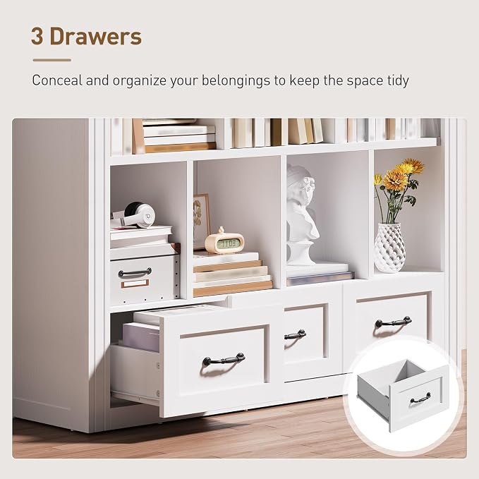 10 Cube Storage Organizer, Wooden Cubby Bookshelf, Cube Shelf Bookcase with 3 Drawers, Farmhouse Short Bookcase, 3 Tiers Floorstanding Open Bookshelf, Display Storage Shelves, White and Walnut