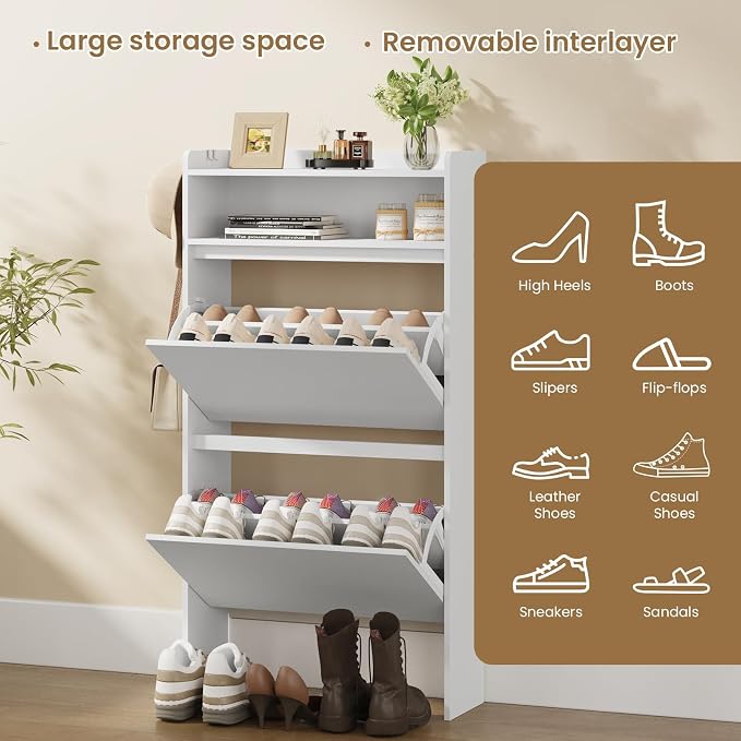 Slim Shoe Cabinet with 2 Flip Drawers & Open Storage, 23.6" W White | Freestanding shoe storage cabinet for entryway,foyer and hallway,Narrow design and space-saving flip drawers