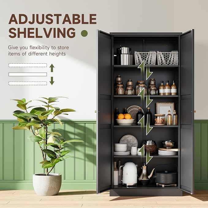 Letaya Black Storage Cabinet with Adjustable Shelves-Metal Home Kitchen Pantry Cabinets with Doors,Organization Locker for Cupboard/Bedroom/Dining/Living/Bathroom/Office/Garage Room