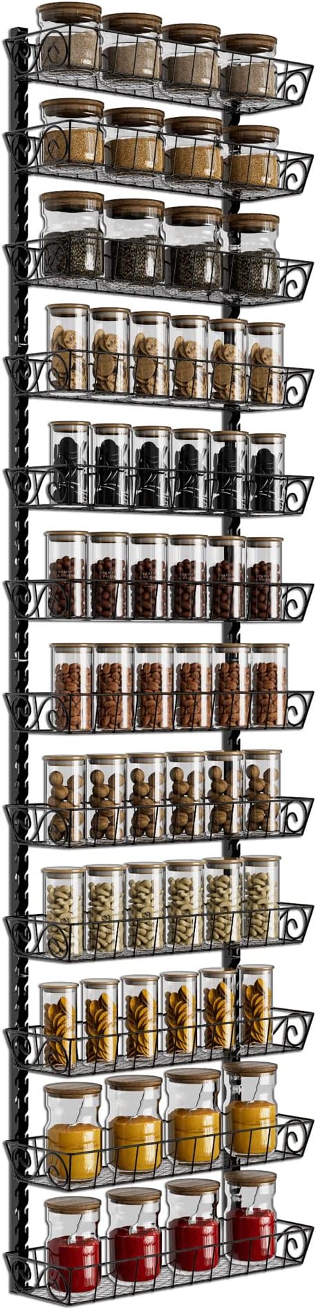 SWOMMOLY Wall Mount Spice Rack Organizer, 12-Tier Adjustable Dual-Use Shelf | Hanging Spice Rack Organizer, Kitchen Pantry Cabinet Storage Holder for Spices, Mason Jars, Bottles & Cans, Black
