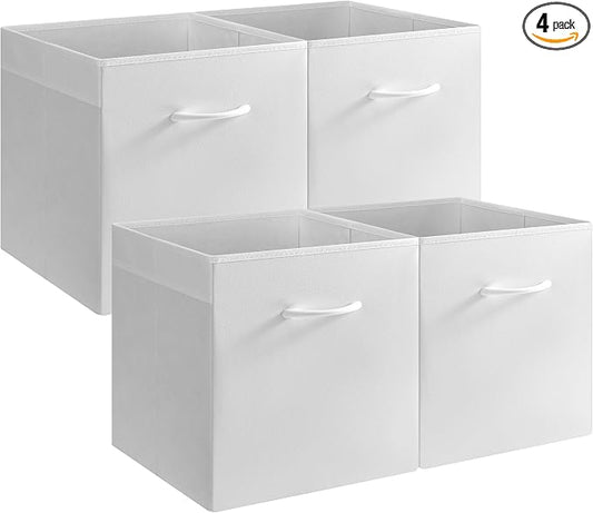 StorageWorks White Storage Cubes, 13-inch Leather Bins with Handle, Cube Organizer Baskets for Shelves and Closet, Collapsible Storage Bins, 4-Pack