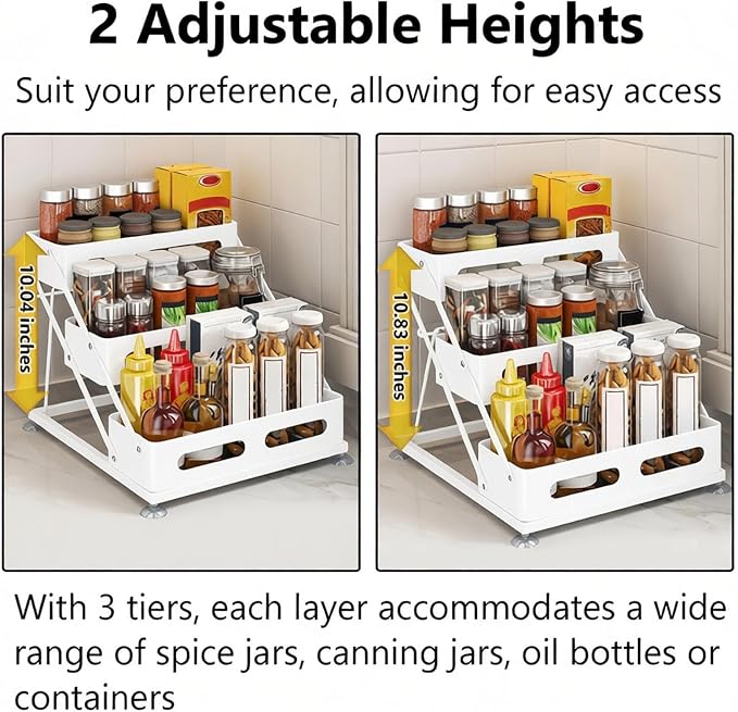 Ceetug 3 Tier Foldable Spice Rack, White | Iron, For Countertop, Kitchen Seasoning Organizer, For Cabinet