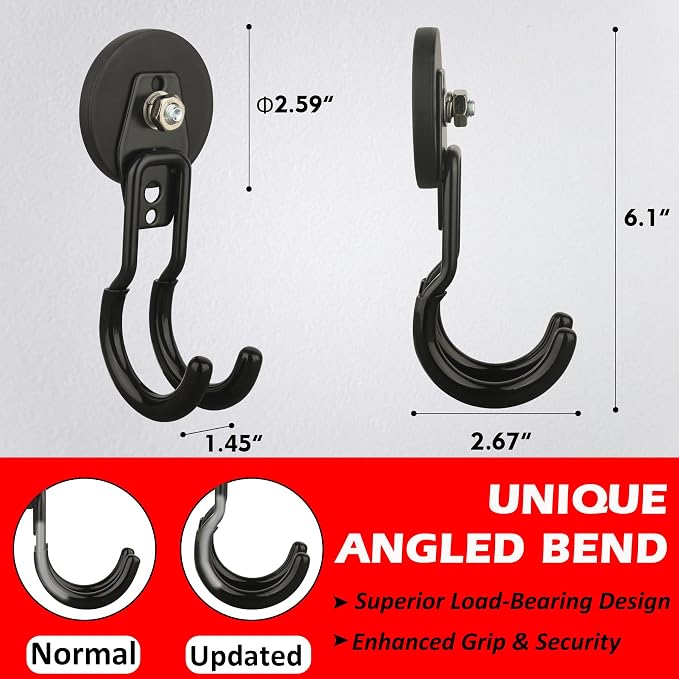 MUTUACTOR Upgraded Magnetic Hooks Heavy Duty,20lbs 2PCS Magnetic Mounting Garage Utility Magnet Hook for Hanging,Anti-Slip Durable Metal J-Hooks Magnetic Hook for Garden Hose Electric Cables Shovels