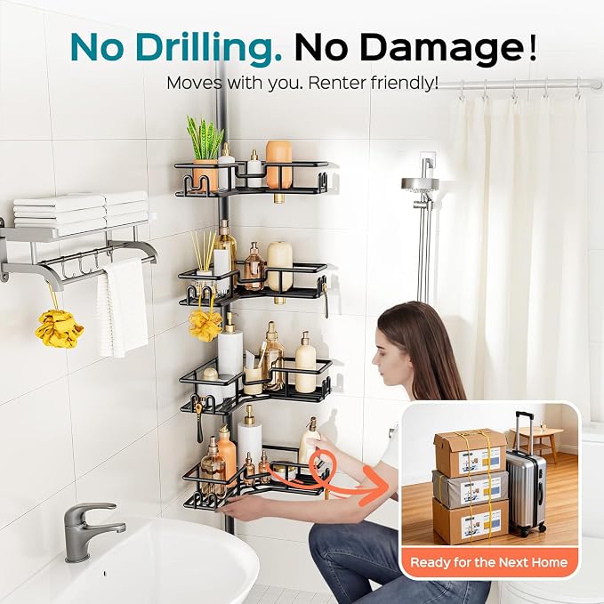 HAMITOR Shower Caddy Tension Pole: 4-Tier Adjustable Corner Organizer Black | Heavy Duty Rustproof L-Shaped Shelves- No Drilling Space-Saving Storage Rack for Family & Renters- 47.72-123.6 inch