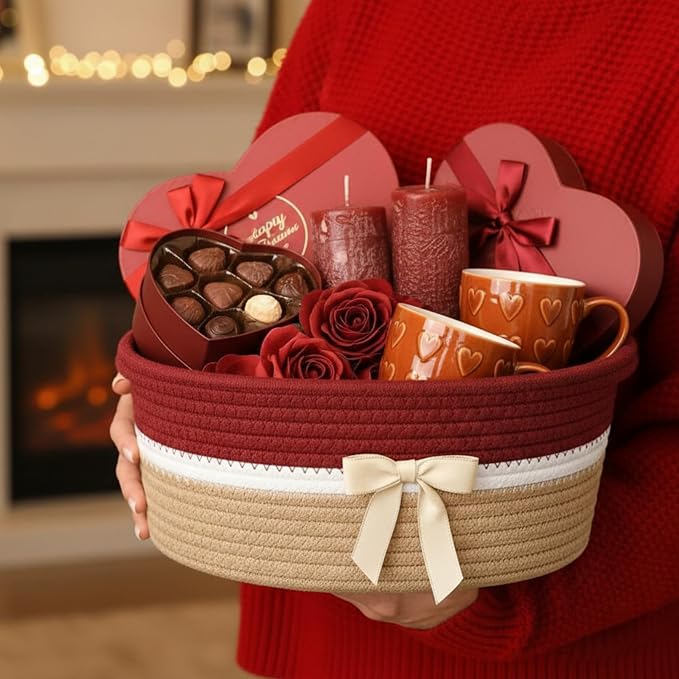 Colingmill 1 Set Woven Empty Basket for Gift,Brick Red Khaki | with Cellophane Wrap Set, 14 x 10 x 5.5 Inch, Medium Decorative Gift Basket, Cotton Rope Storage Box, Home Decor