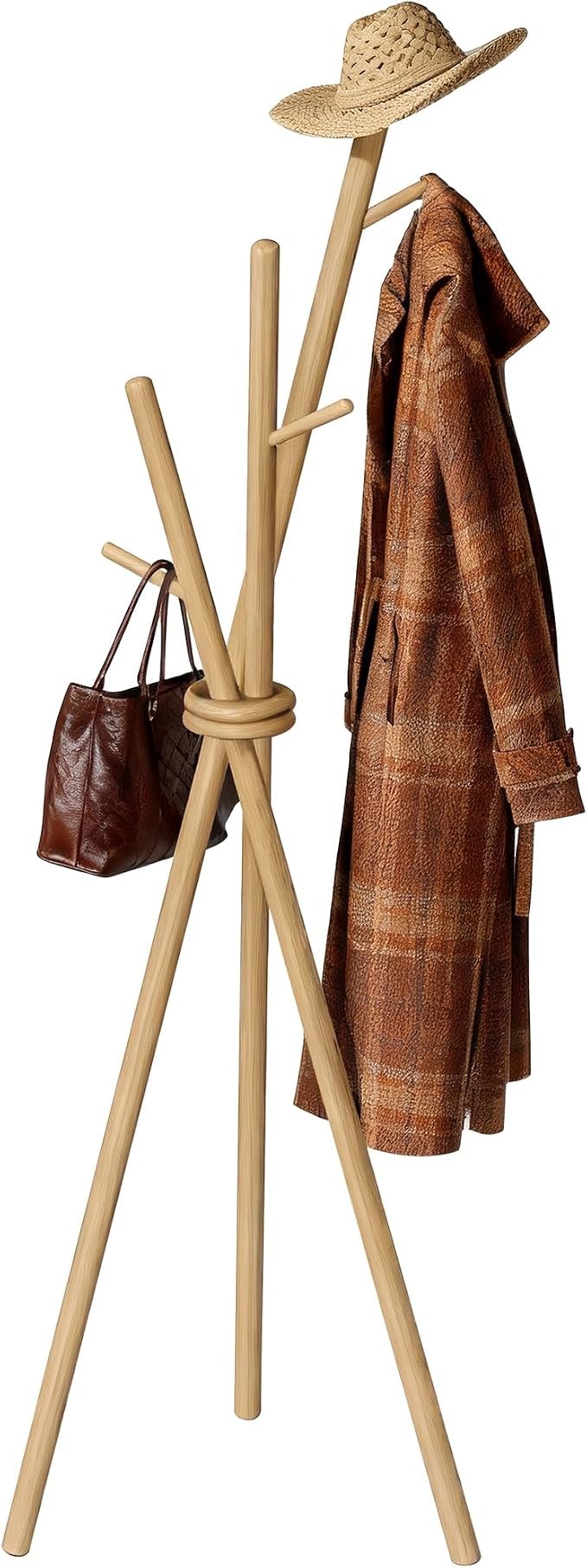 VICITON Wooden Coat Rack, Tripod Coat Tree Freestanding with 3 Hooks for Clothes, Hats and Handbags, Coat Hanger Stand for Bedroom, Living Room, Entryway (Light)