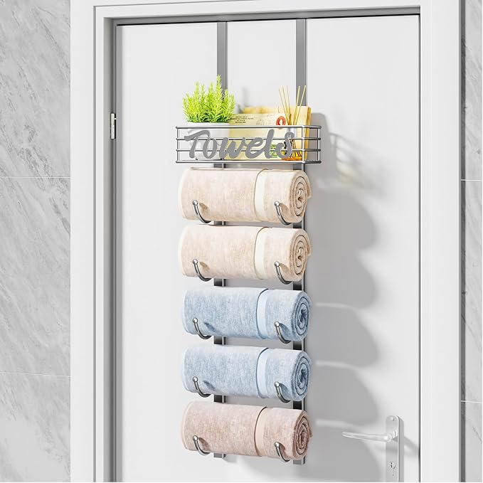 HapiRm Towel Racks for Bathroom Storage - 6 Tier Over The Door & Wall Mount Rolled Towel Storage Organizer Holder with Metal Shelf Basket for Small Bathroom, Camper, Rv - Sliver, Patented