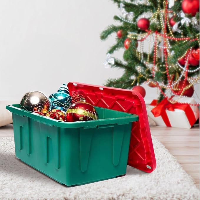 HOMZ Holiday Plastic Storage Container, 15 Gallon - Set of 2, Green and Red, 2 Sets | Heavy-Duty Large Stackable Container Seasonal Boxes for Home, Attic, and Garage Organization