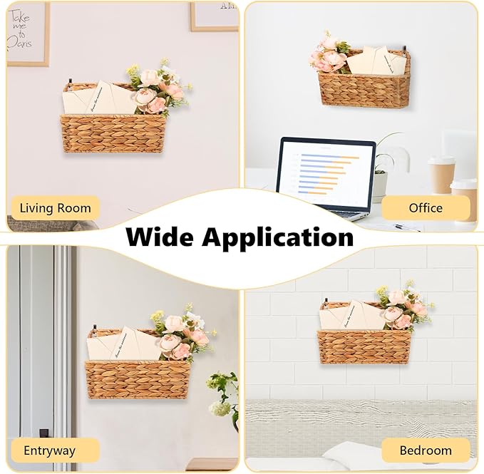 2 Pcs Woven Mail Holder Wall Mount Basket 9.25x1.57 Inch Rattan Wall Letter Holder Wicker Wall Basket Storage Water Hyacinth Hanging Storage Basket with Hooks for Mail Envelope Office