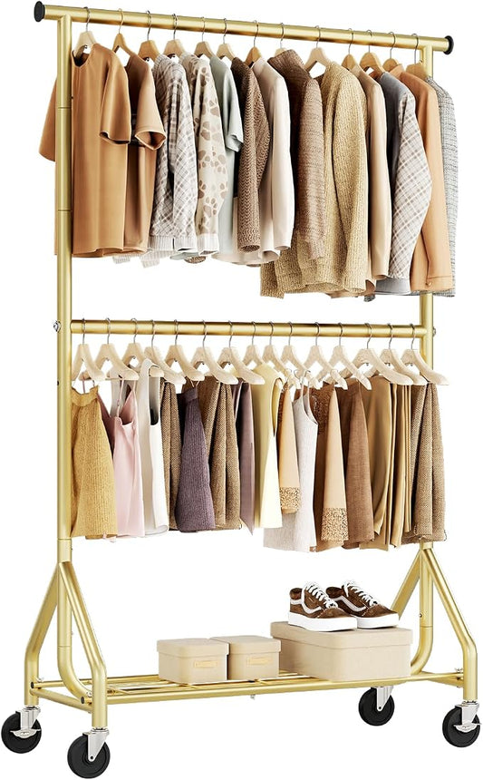 HYSEYY Heavy Duty Clothes Rack, Double Rod Clothing Rack for Hanging Clothes, Rolling Garment Rack, Adjustable Freestanding Wardrobe Closet Coat Rack for Bedroom Laundry Living Room, Gold
