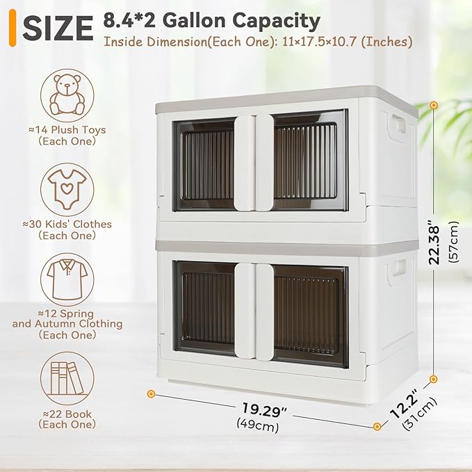 Storage Box, Collapsible Cabinet, 8.4 Gallon (32L) Each One, 2 Packs, Useful Box with Lids, Foldable Drawer, Organizers for Home and Office, Milk White