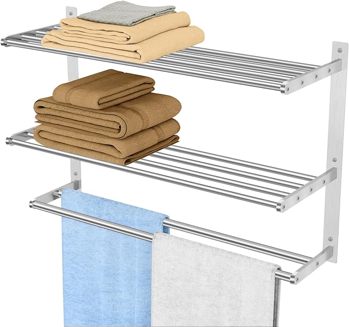 Bethom Bathroom Towel Rack with 2 Bars, 24 Inch Towel Shelf, Brushed Nickel | 3-Tier Hotel Towel Racks for Bathroom Wall Mounted, Bath Towels Storage, Stainless Steel