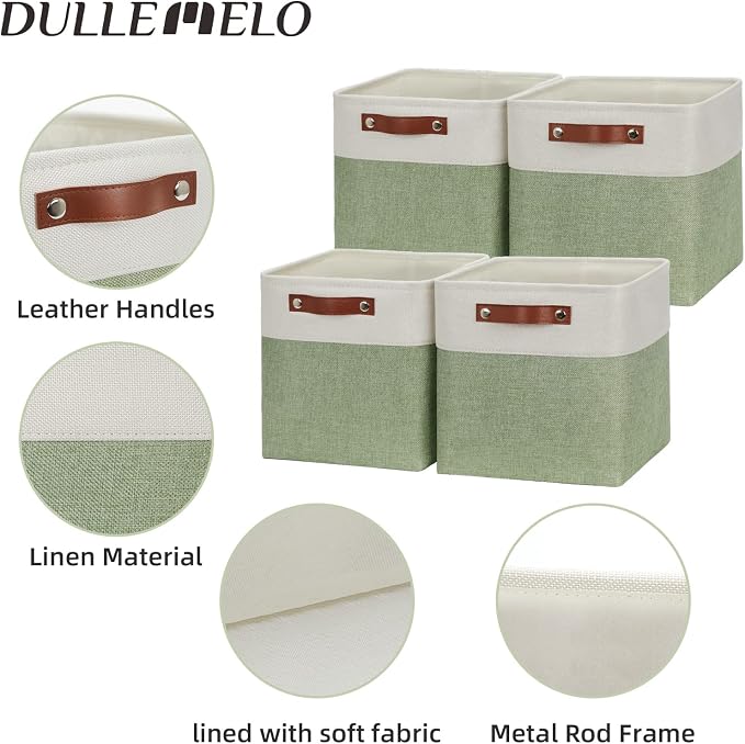 DULLEMELO Storage Baskets for Organizing, Fabric Storage Cubes for Box, 11 Inch Decorative Cube Storage Bins with handle for Gift Basket(4 Pack - 11" White&Green)