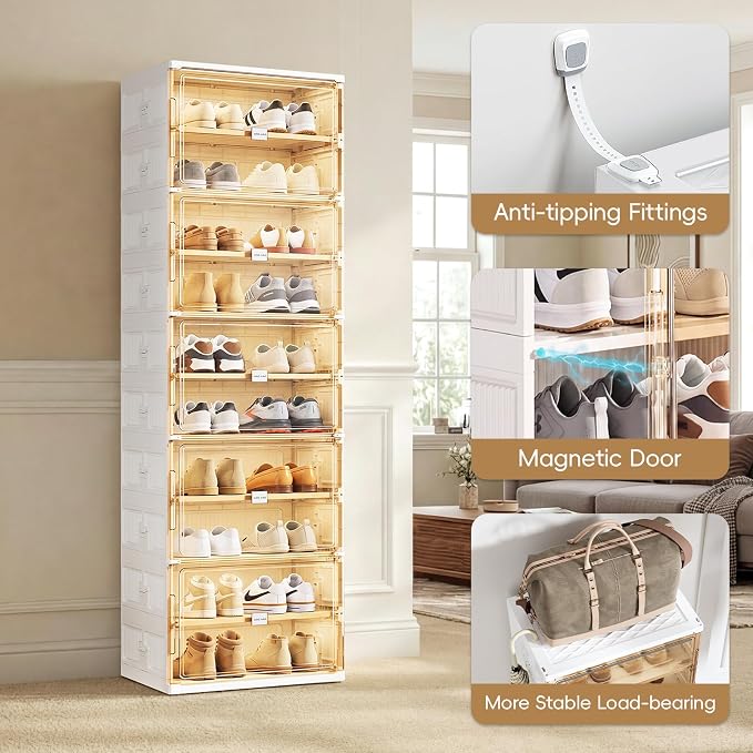 JEKO&JEKO 10 Tiers Foldable Shoe Rack Organizer Cabinet for Closet Entryway, Large Collapsible Shoe Storage Box with Magnetic Doors (White)