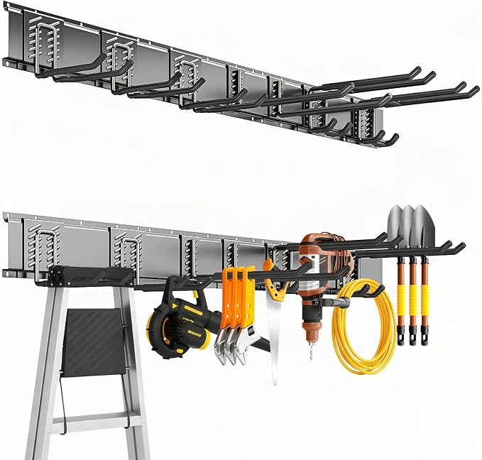 Garage Tool Organizer Wall Mount, 48inch Heavy-Duty Garage Storage System and Garden Tool Organizer with 7 Adjustable Hooks for Shovel, Snowboard, Yard Tools and Shed