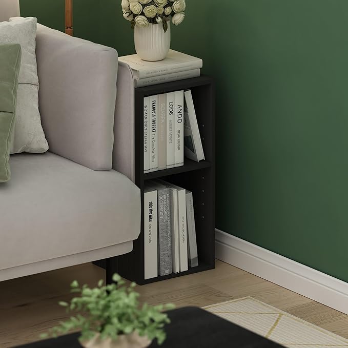 Furinno Fulda Book Shelf, 2-Tier Narrow Bookshelf, Bookcase with 10-in Width Storage Shelf, 9.3 x 9.8 x 21.2, for Living Room, Bedroom, Home Office, Blackwood