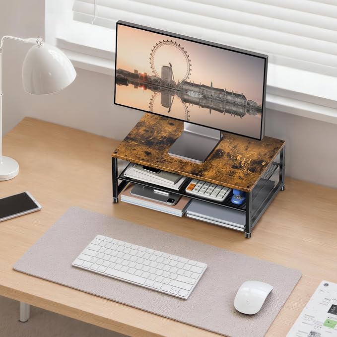 ECOLOVI 2-Tier Computer Monitor Stand Riser, Desk Organizer for Monitor, Printer & Laptop Stand, Desktop Workspace Organizers for Office Supplies(Brown)