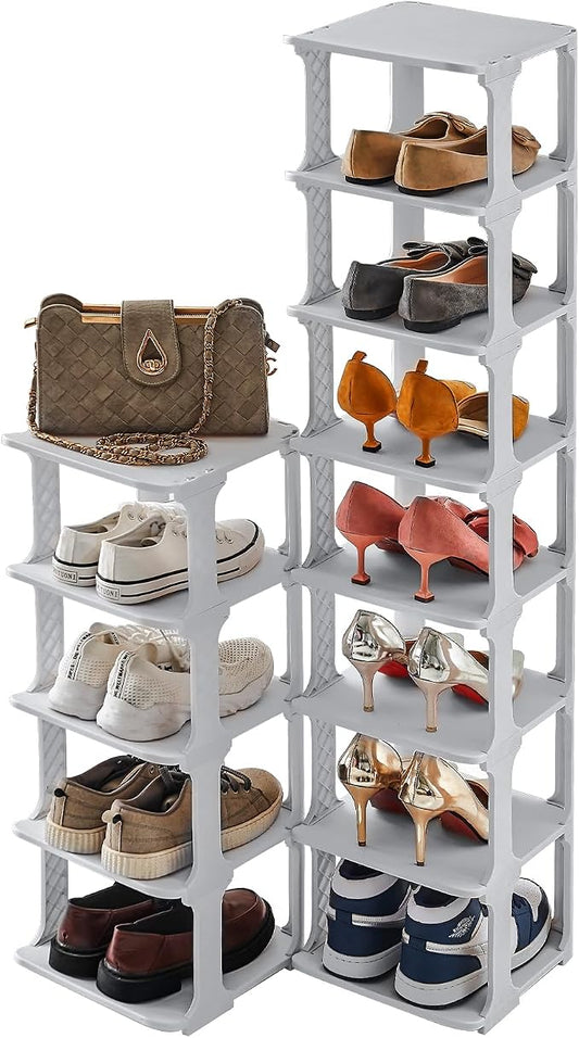 5 Tiers Vertical Shoe Rack, Narrow Free Standing Shoe Storage Organizer for Entryway and Small Closet, Stackable Shoe Holder Shelf Stability DIY, Grey