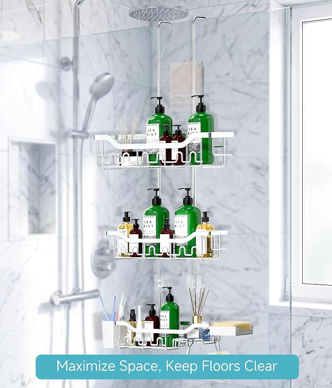 Shower Caddy Hanging Over the Door, Upgraded Extended Length Shower Organizer, 3 Tier Rustproof Bathroom Rack with Hooks Soap Holder, Silver
