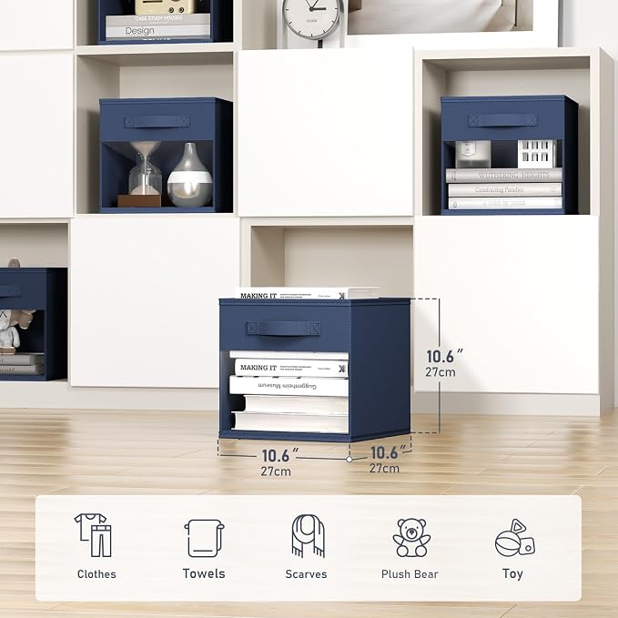 DIMJ Storage Cubes, Cube Storage Bin, 6 Pack Foldable Storage Bins with Window, Closet Storage Boxs with Handle, 11x 11 inch Storage Organizer for Clothes, Toys, Books