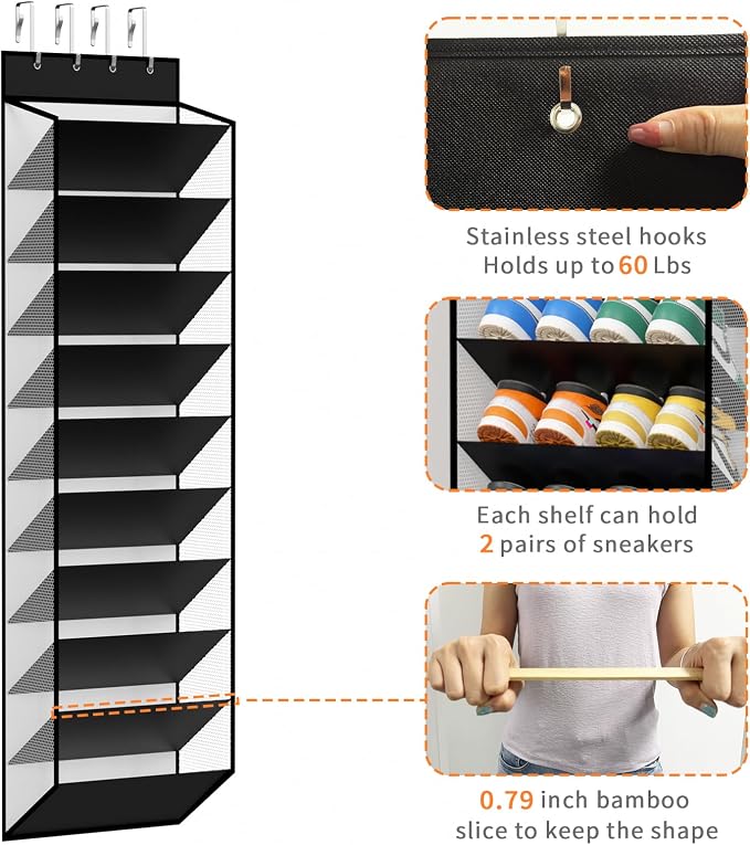 KEEPJOY 10-Tier Over Door Mesh Shoe Organizer with Large Deep Pockets, Hanging Door Shoe Storage Rack That Holds 20–30 Pairs of Sneakers, Boots and Other Footwear (Piano White)
