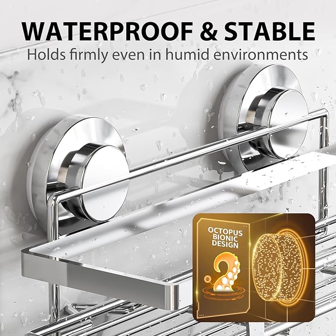 LEVERLOC Shower Caddy Suction Cup 2 Pack, Shower Shelf for Inside, Silver | Heavy Duty Bathroom Organizers, No Drill Shower Storage, Rustproof Metal Shower Basket, Shampoo Holder, Wall Shower Caddies