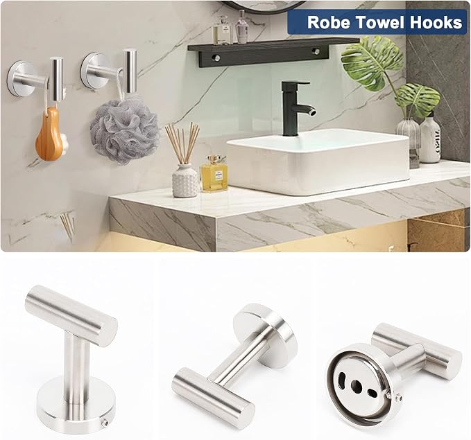 NearMoon 10 Pieces Bathroom Hardware Set SUS304 Thicken Stainless Steel-Towel Rack Kit Include 26" Towel Rod + Bath Towel Ring + Toilet Paper Holder + Robe Towel Hooks Bath Accessories (Nickel)