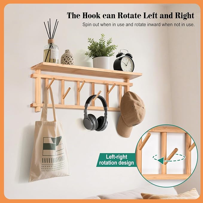 Key Holder for Wall with Shelf and 6 Rotating Key Hooks Bamboo | Key Hanger Wall-mounted with shelf decorative Coat Rack organizer for Rustic Entrances Hallway Living room Bedroom Kitchen