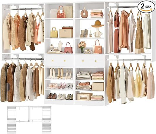 [10 FT Closet System] 120 Inch Reversible Set of 2 Wood Closet Organizer System with 2 Drawers, 4 Hanging Rods Adjustable Shelf, Walk In Closet Organizers with Shoe Rack, Garment Rack, White