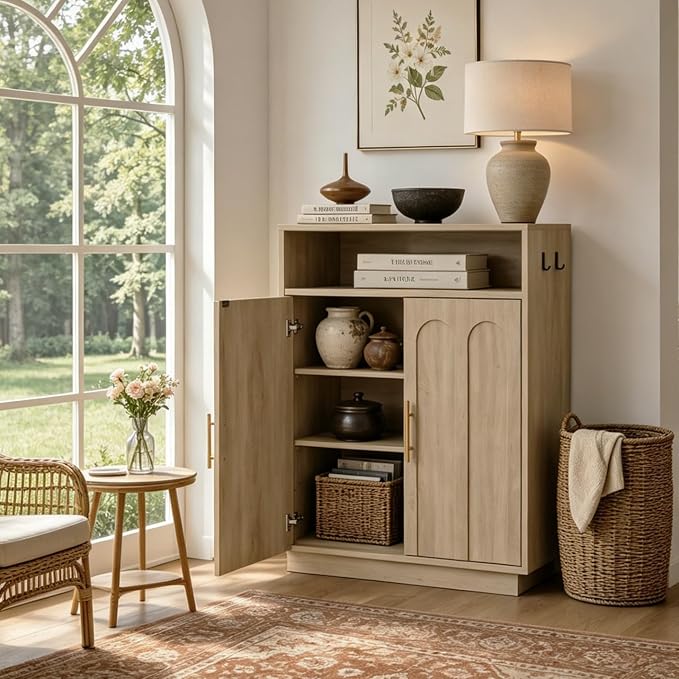 Shoe Cabinet with Arched Doors, 43" Hidden Shoe Storage, Oak | Tall Large, Adjustable Shelves, 5-Tier Mid Century Modern Shoe Rack Organizer, for Entryway Hallway Living Room