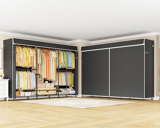 E14C Max Heavy Duty Closet Organizer System，Freestanding Clothing Racks for Hanging Clothes，Adjustable Garment Rack 86" W × 16" D × 77" H Hold 1060 lbs，Black Rack with Black Cover