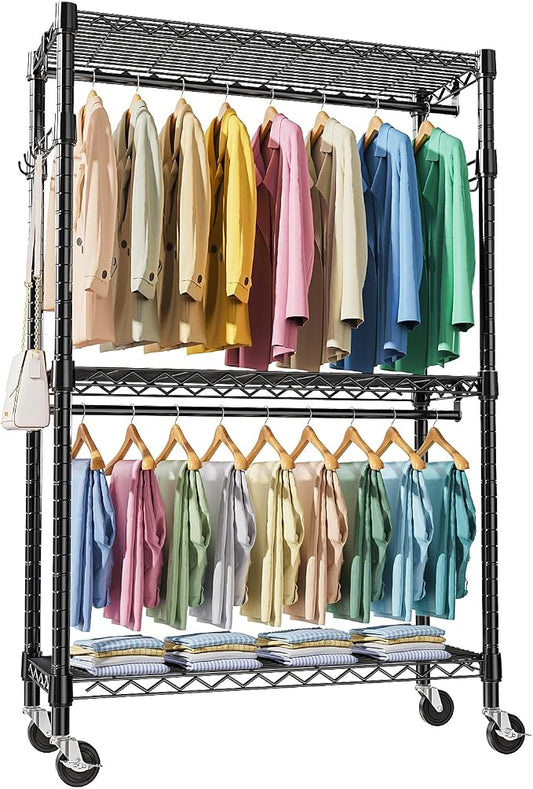 M MZG Heavy Duty Rolling Garment Rack 3 Tiers Adjustable Wire Shelving Clothes Rack with 2 Rods and Side Hooks, Storage Closet Clothing Rack with Wheels Black 17.7" D x 47.2" W x 83.6" H