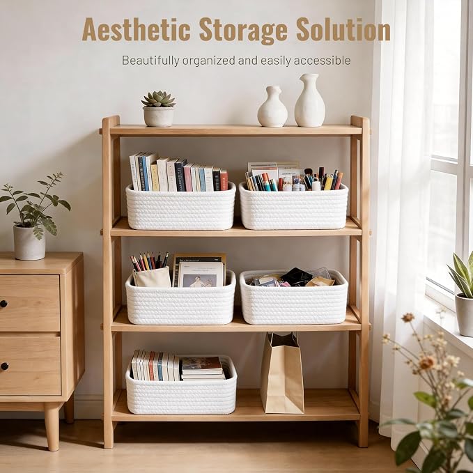 5 Pack White Small Woven Storage Baskets for Shelves, Cotton Rope Baskets Organizer for Bathroom, Closet & Nursery, Decorative Storage Bins for Organizing Socks, Toys, 11.8"x7.9"x4.7"