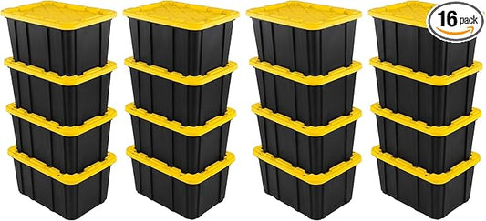 Sterilite Industrial Storage Tote with Lids for Garage, 27 Gallon, 16-Pack | Heavy-Duty and Stackable Utility Box Containers for Home, Office, and Basement Organization, Black/Yellow