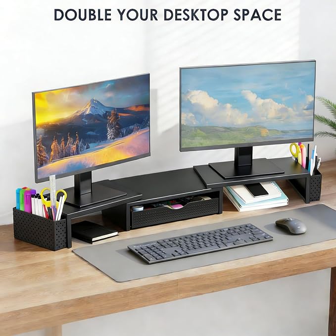 Spacrea Dual Monitor Stand Riser with Drawer and 2 Pen Holders | Monitor Riser Desk Organizers and Accessories,Desk Accessories & Workspace Desktop Organizers for Office Supplies (Black)