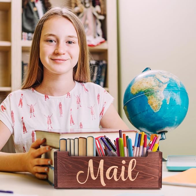 Wooden Mail Organizer Countertop | Farmhouse Brown Mail Holder for Wall | Rustic Desk Mail Sorter Basket Letter Holder for Home Office Entryway Decor