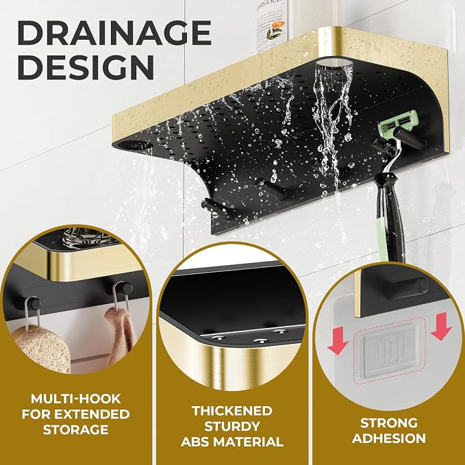 Shower Caddy Adhesive with 5 Hooks & Drainage, No-Drill, Gold | Plastic Wall Bathroom Shelf Rack Organizer, Inside Shower Storage Holder for Bath Accessories, Rustproof Bathroom Shelves