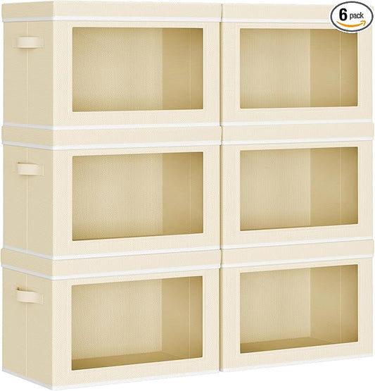 Large Storage Baskets with Lids - Stackable Cube Bins for Closet, 6 Pack Beige Windows Organizer Bins, Home Organizers and Storage for Clothes, CD, Towels