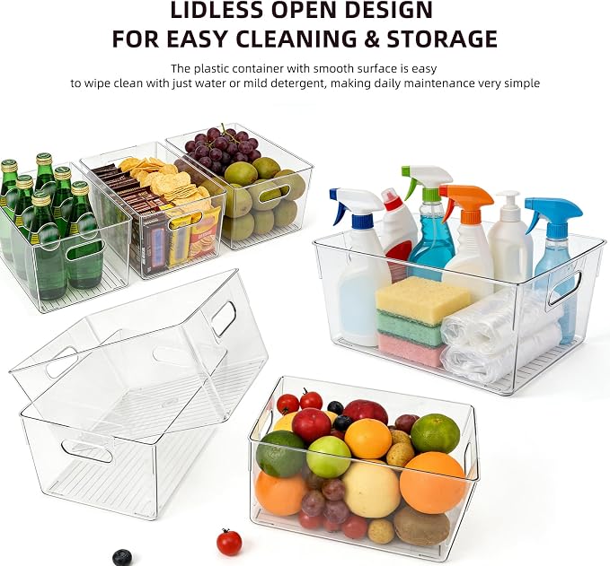 6 Pack Thick Clear Stackable Storage Bins, Cabinet Organizer, Plastiic Containers with Handle for Kitchens, Bathrooms and Fridge and Desktop