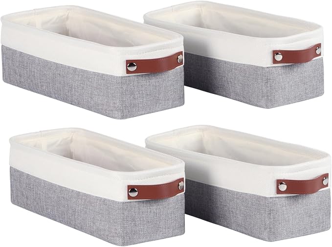 Univivi Small Narrow Fabric Storage Bins,Gray,15x6x5 inch,4 Pack | Hard Cardboard Bottom,Metal Frame,Foldable,PU Handles,Storage Baskets Organizing Small Items
