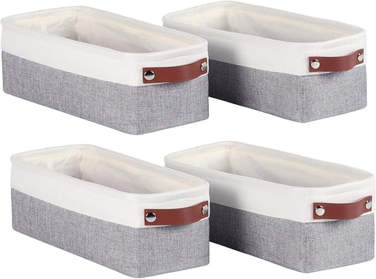 Univivi Small Narrow Fabric Storage Bins,Gray,15x6x5 inch,4 Pack | Hard Cardboard Bottom,Metal Frame,Foldable,PU Handles,Storage Baskets Organizing Small Items