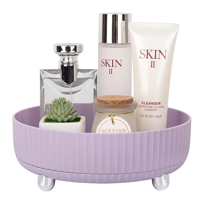 360 Rotating Makeup Perfume Organizer Skincare Tray, Small Purple | 360 Degree Spinning Lazy Susan Organizer Lotion Cosmetics Storage for Dresser, Vanity, Bathroom Countertop