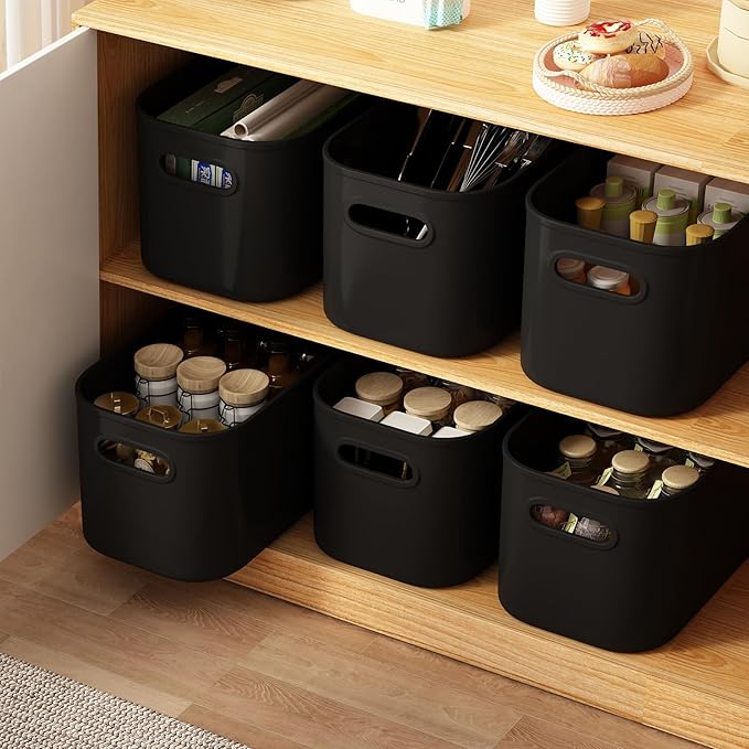 ORGIDOL 8 Pack Black Storage Bins with Lids Stackable Storage Container for Organizing, Black Storage Boxes with Handle for Shelves, Cute Organizer Bins for Craft, Snacks, 9.85x6.9x5.7 inch