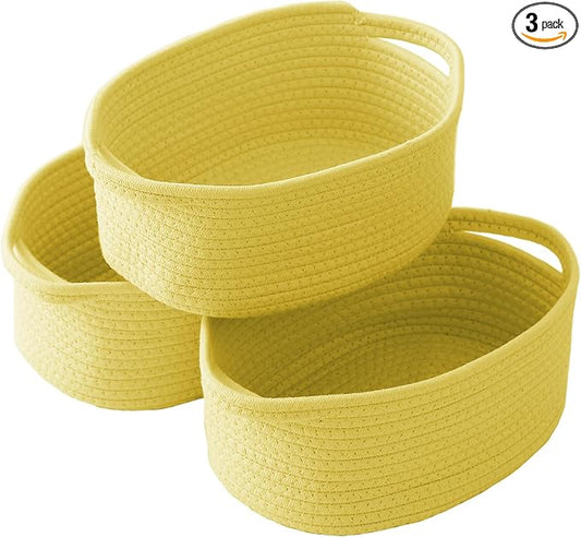 JMvicyroam Small Woven Basket, Empty Gift Basket, Yellow/3 Pack | Small Gift Basket, Cotton Rope, 12 x 8 x 41 in, Handles, Includes Ribbon and Bag, Birthday Gift Basket