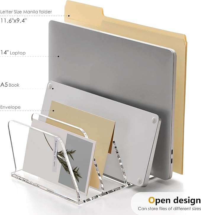 SANRUI Acrylic Desk Mails File Sorter Clear Letter Organizer Holder,4 Slot | Vertical File Folder Rack,Notebook Magazine Desktop Binder Mails Storage Bookshelf Upright Divider for Home Office School