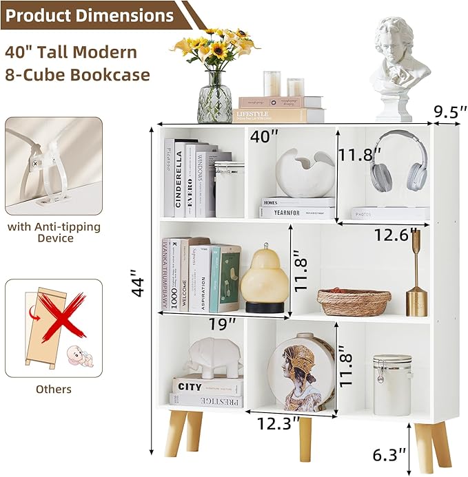 LEYAOYAO 8 Cube Bookshelf, Mid-Century Modern Book Shelf with Legs, White | 3 Tier Bookcase, Rustic Wood Bookshelves Freestanding Large Storage Organizer, Open Shelves for Bedroom, Living Room, Office