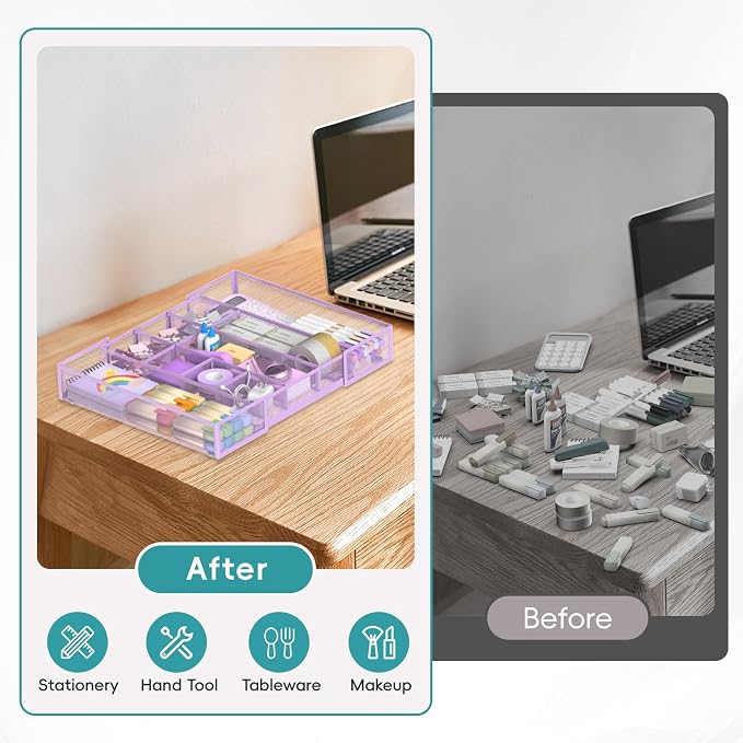 Expandable Desk Drawer Organizer, 10 Adjustable Compartment, Purple | Metal mesh drawer organizer tray with 5 removable dividers, expands from 8.74 to 16 in for office supplies, makeup or tools