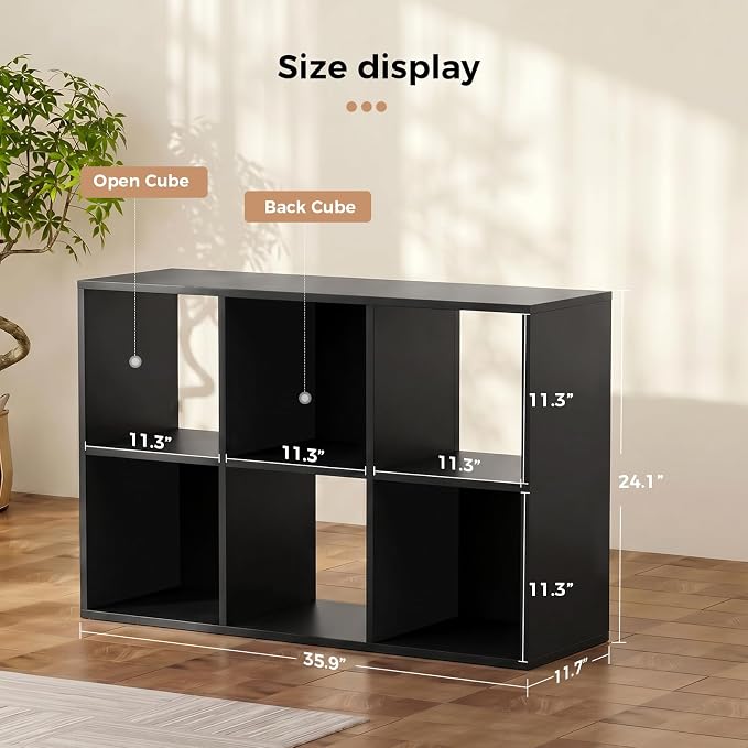 LUCKLIFE 6-Cube Storage Organizer, Stackable Modular Bookcase Shelf with Vertical or Horizontal Use, Fits 11×11" Bins, Optional Back Panels, for Living Room, Office, Black